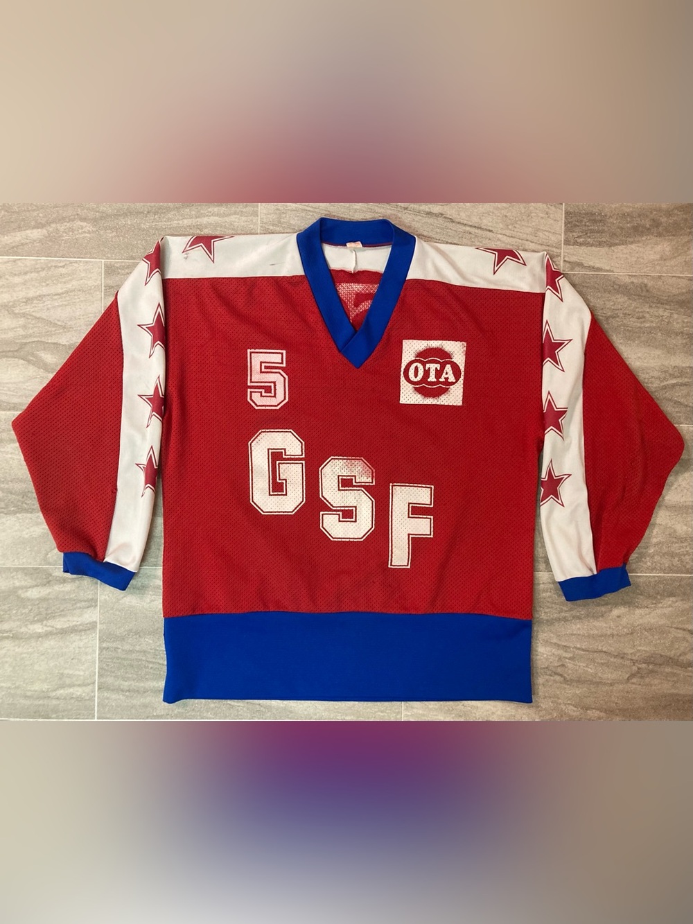 Red GSF Hockey-Style Sweater with Blue Trim